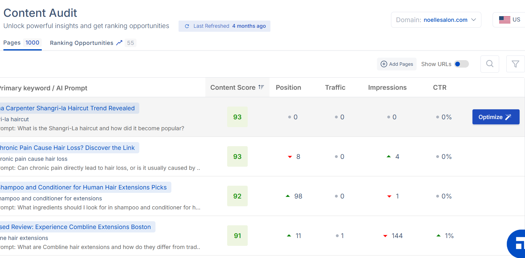 Content Audit tool showing pages with content scores, positions, traffic, impressions, and CTR data, with an option to optimize the content.