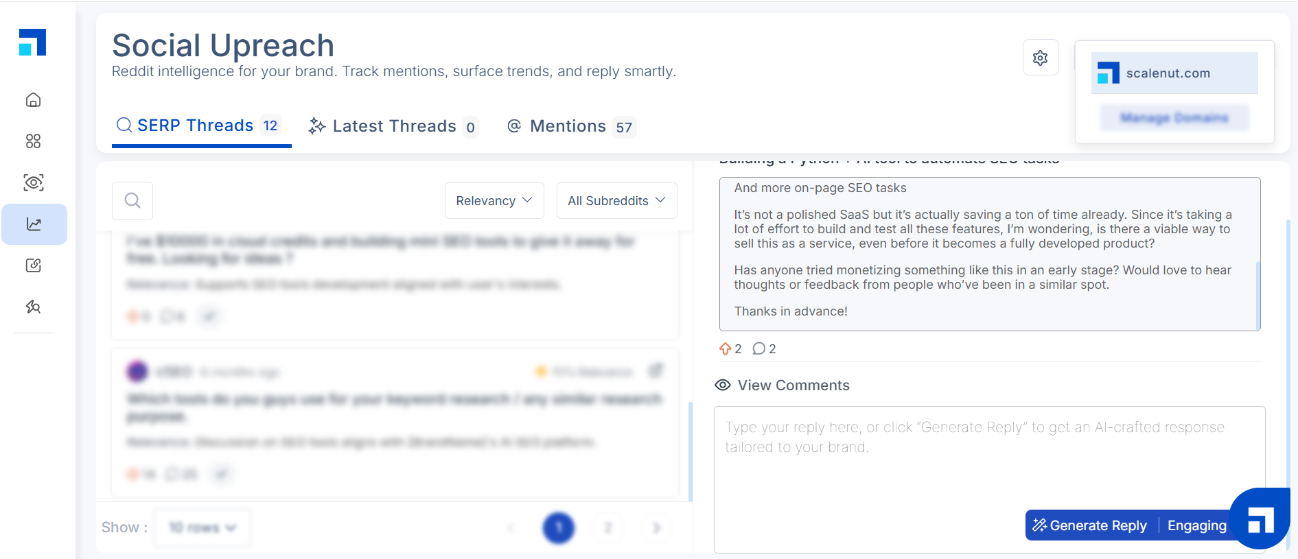Scalenut's Social Upreach tool