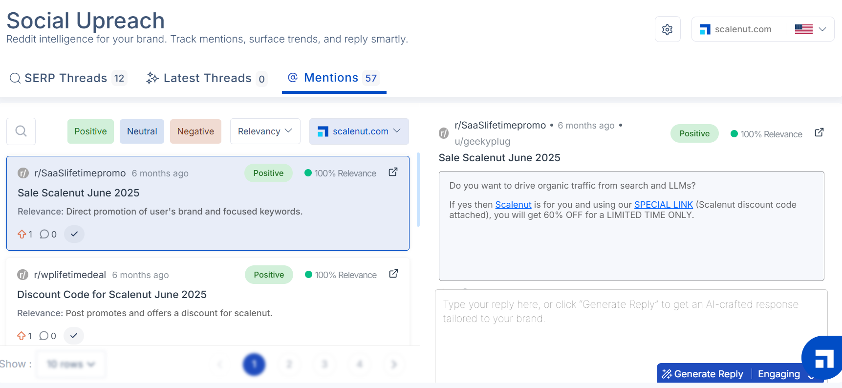 Social Upreach tool displaying Reddit mentions