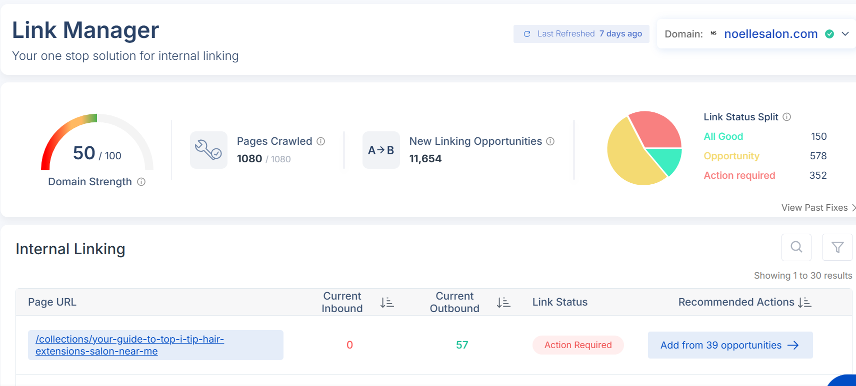 Scalenut's Link Manager tool showing domain strength, internal linking status