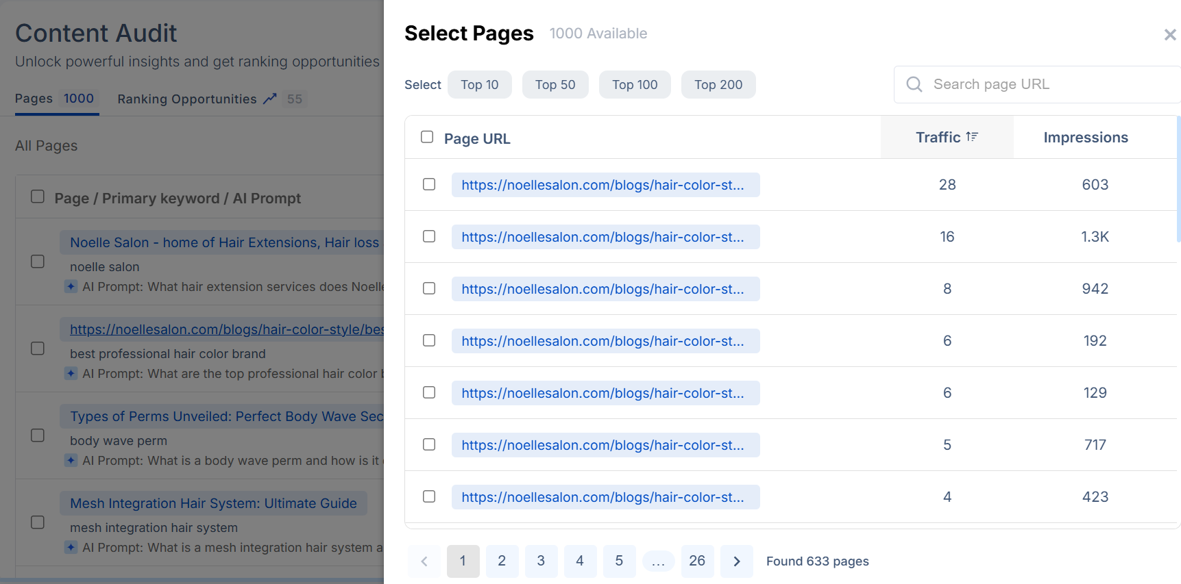 Content Audit tool showing a list of pages with ranking opportunities, including traffic, impressions, and AI prompt data for each page.