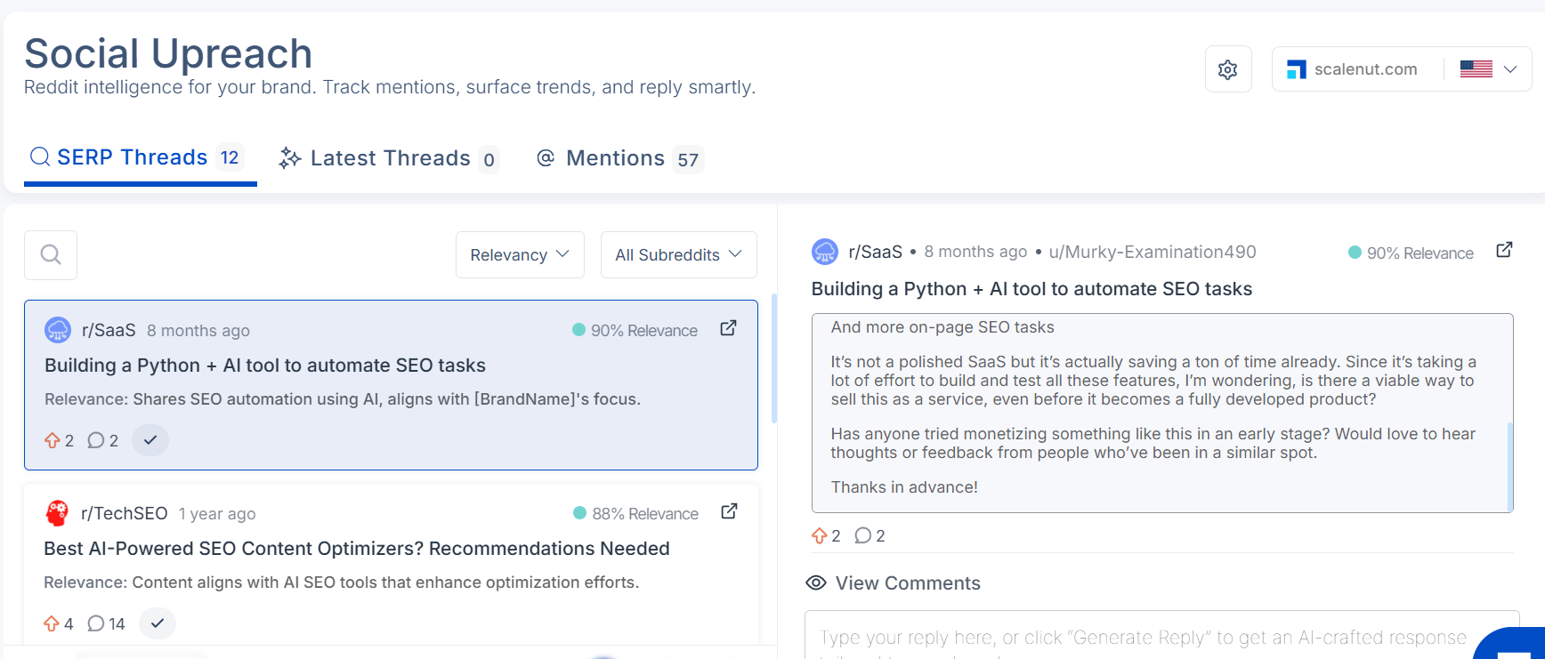 Scalenut's Social Upreach tool displaying relevant Reddit threads