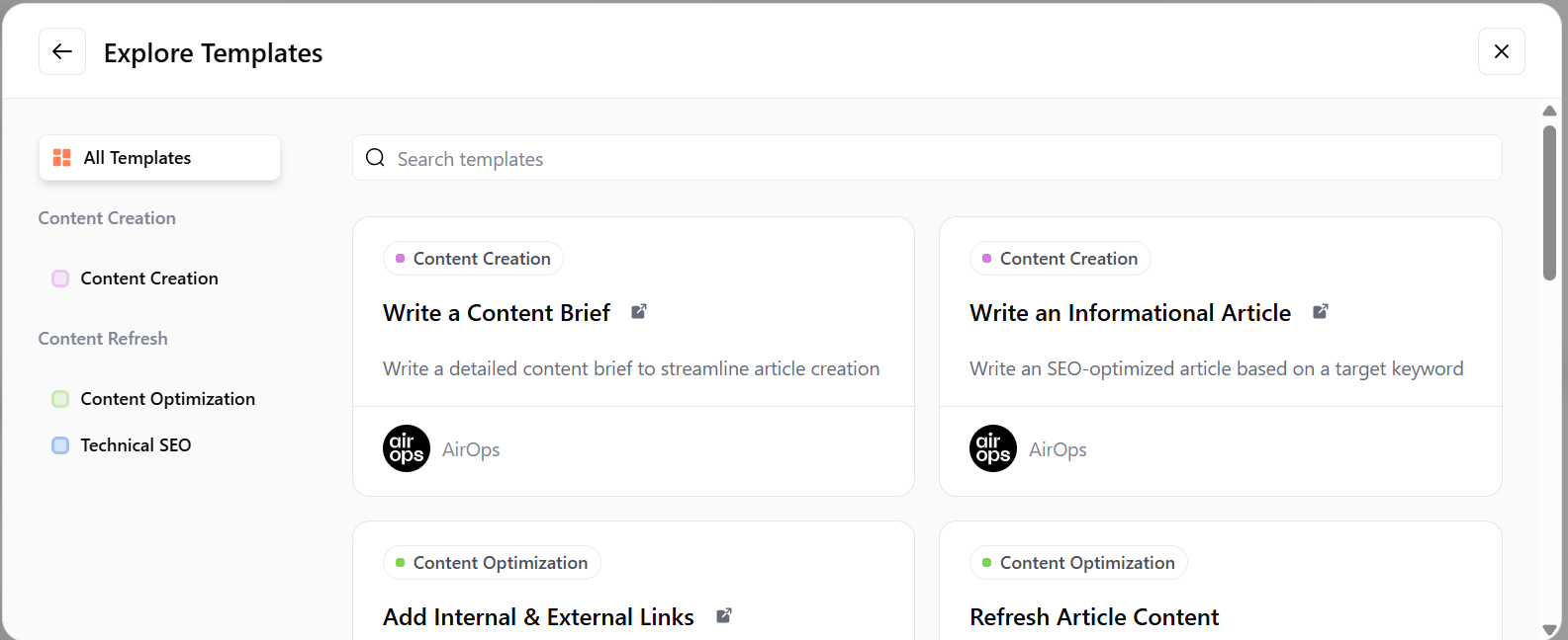 Templates screen of Airops