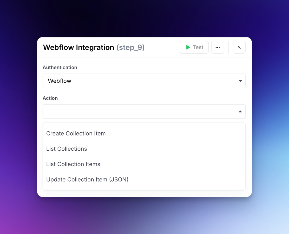 Webflow integration settings