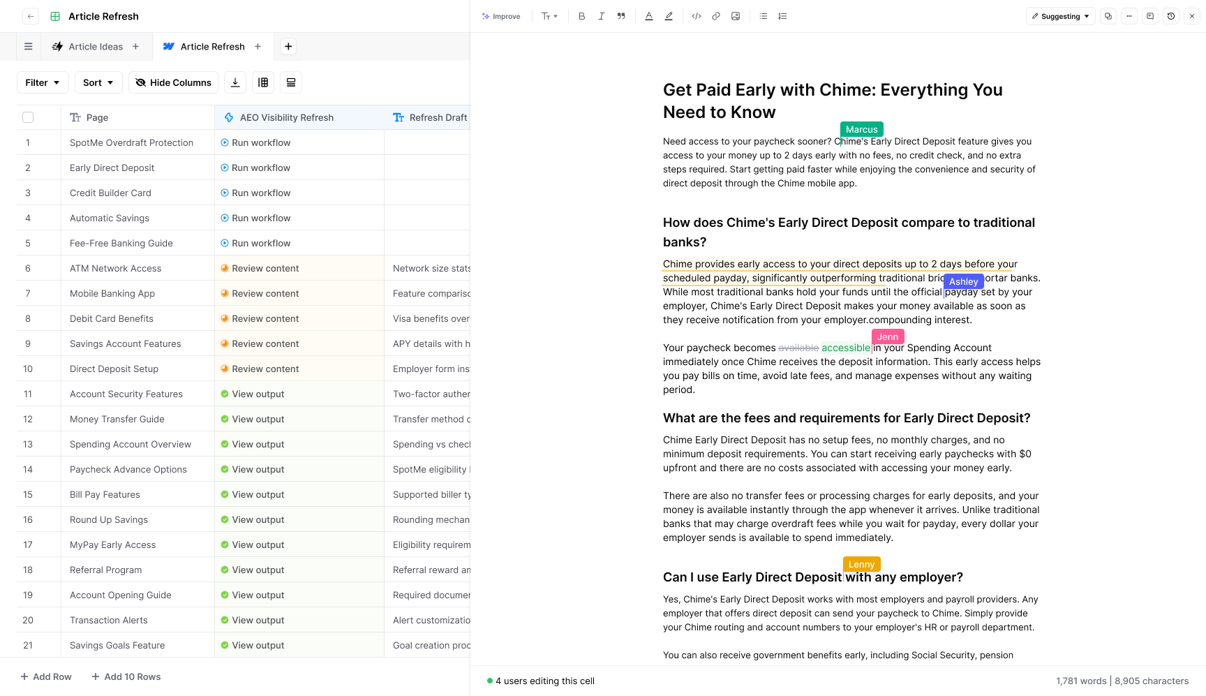 Article refresh workflow with AEO visibility status