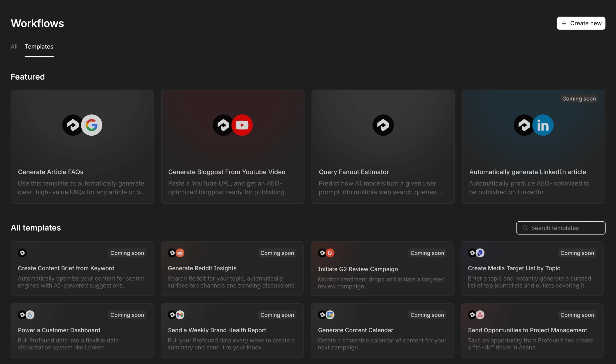 workflows dashboard displaying featured and upcoming AEO automation templates 