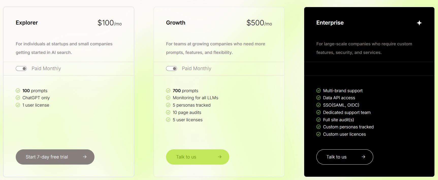 Pricing table scrunch AI