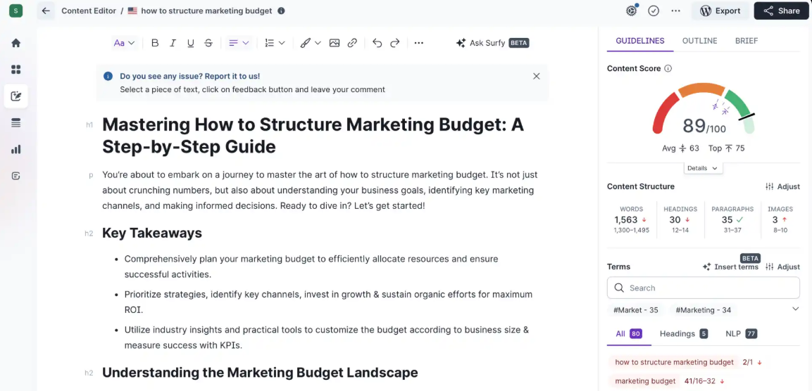Content editor tool in surfer seo