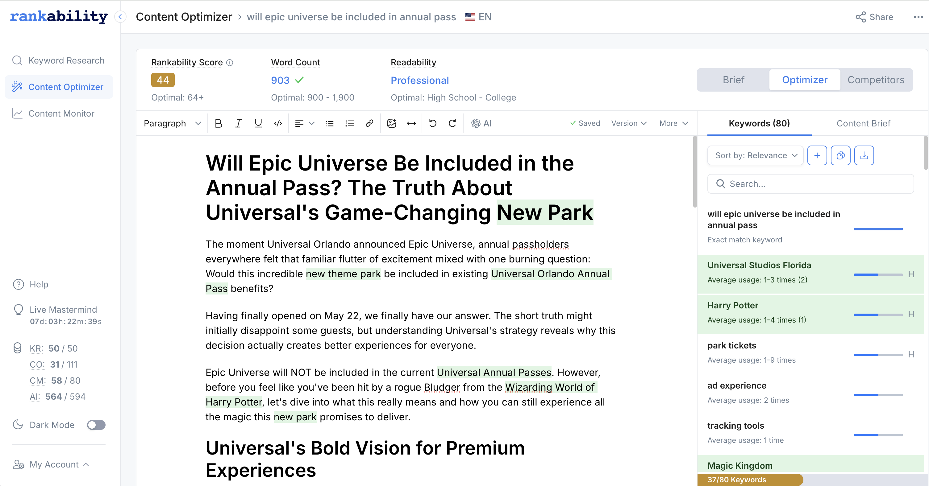 Rankability Content optimiser tool