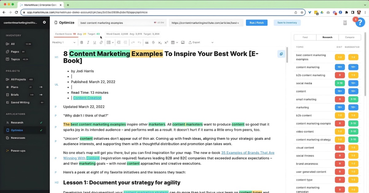 Optimize Tool on MarketMuse Screenshot