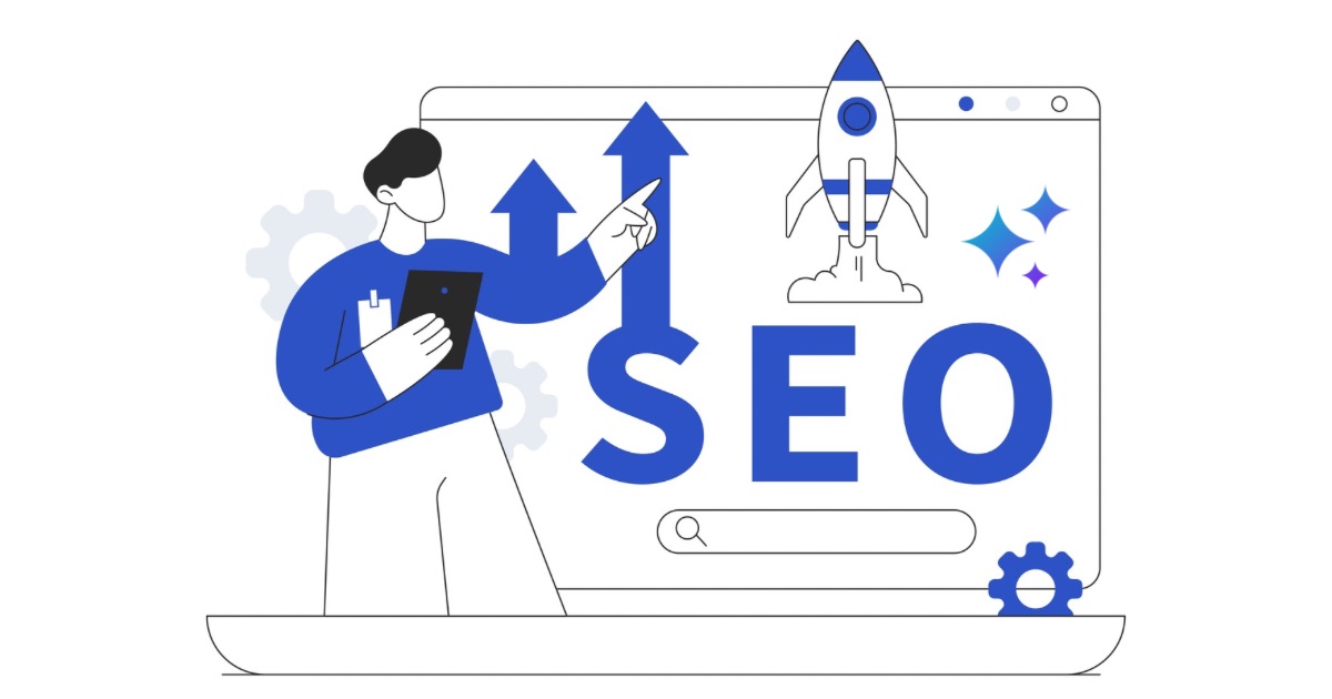Illustration of a marketer holding a tablet beside a laptop screen showing “SEO,” upward growth arrows, and a rocket launching, symbolizing SEO performance improvement.