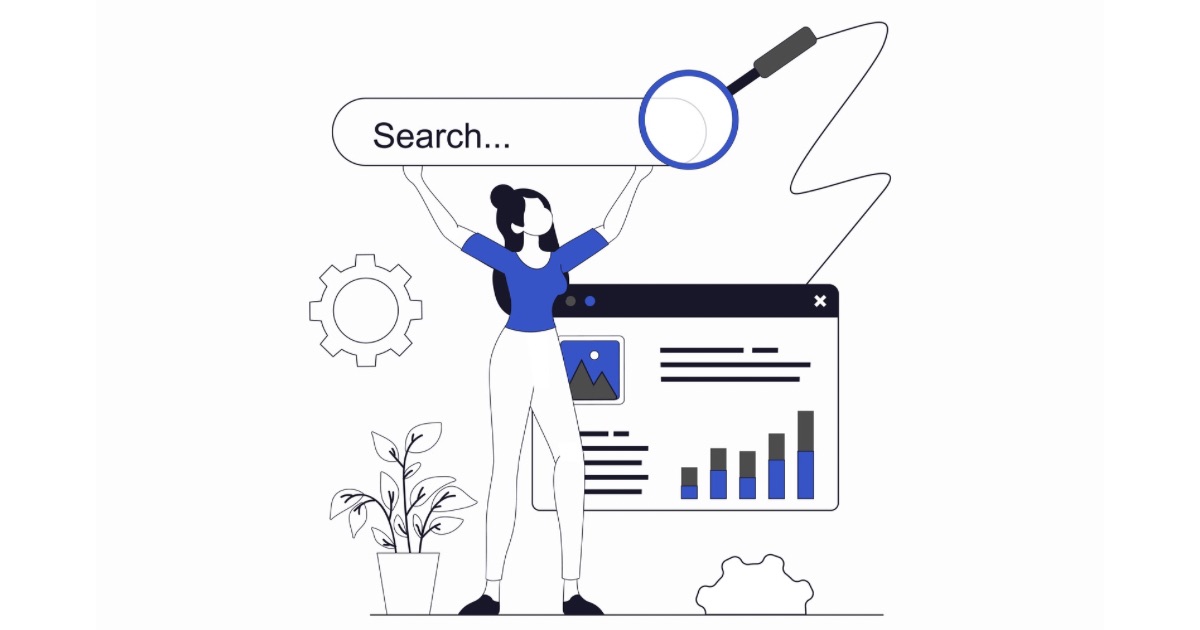 Illustration of a person holding a search bar above a webpage analytics dashboard.