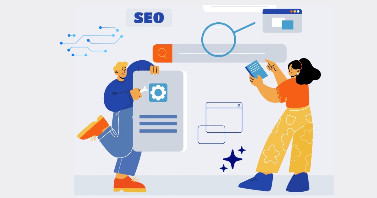 Illustration of two people working on SEO, with a search bar, magnifying glass, and website elements representing search optimization and content improvements.
