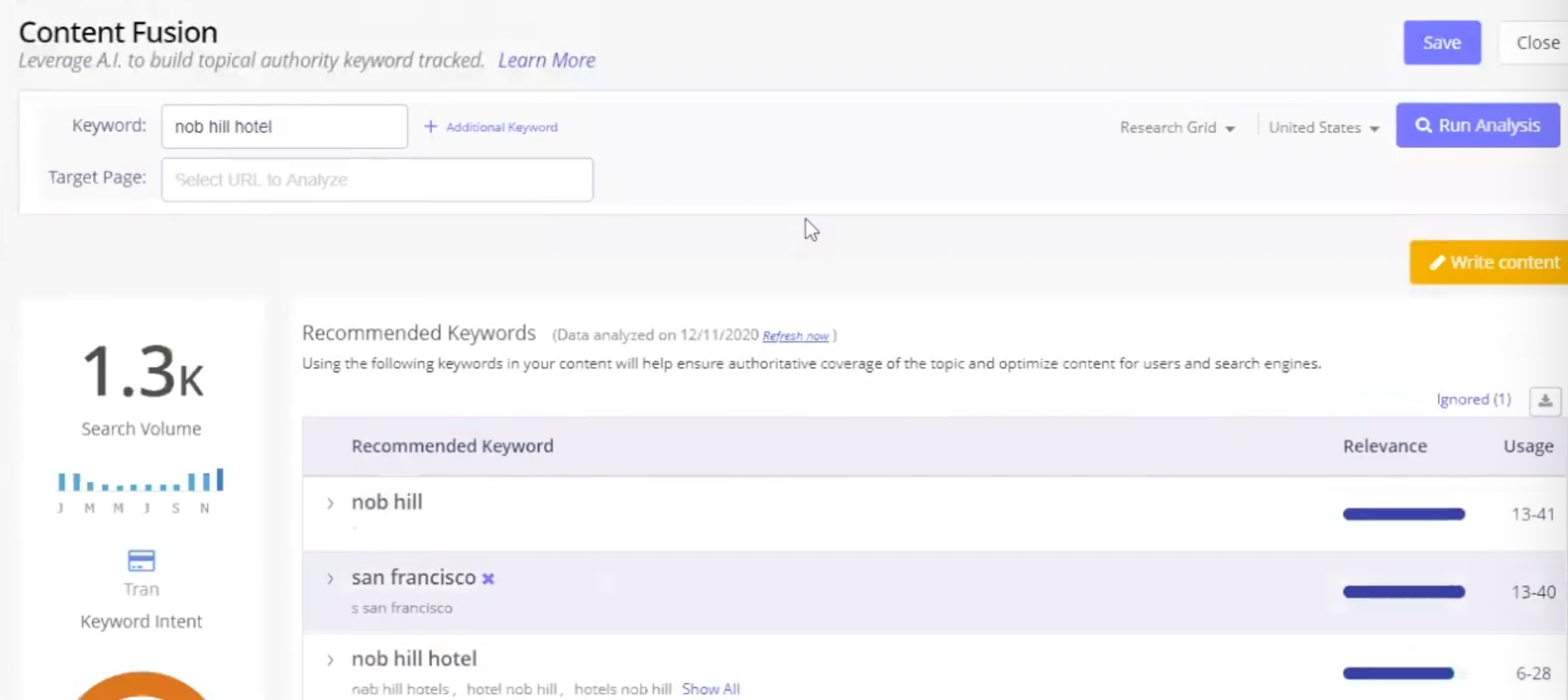Content analysis tool under SEO data services in seoClarity