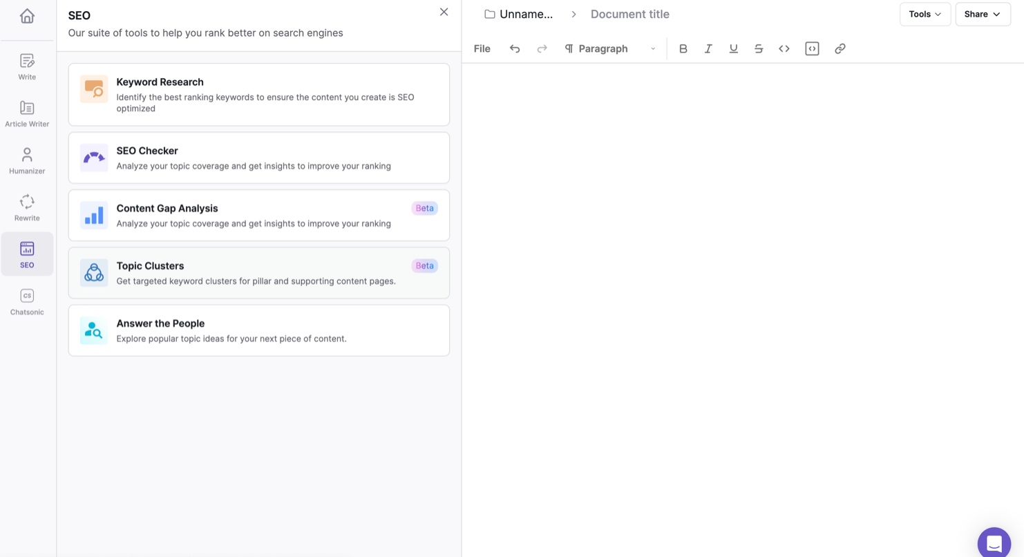 Writersonic’s SEO suite screenshot