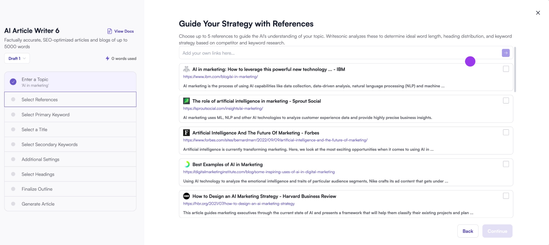 Screenshot of AI Article Writer 6 on Writersonic