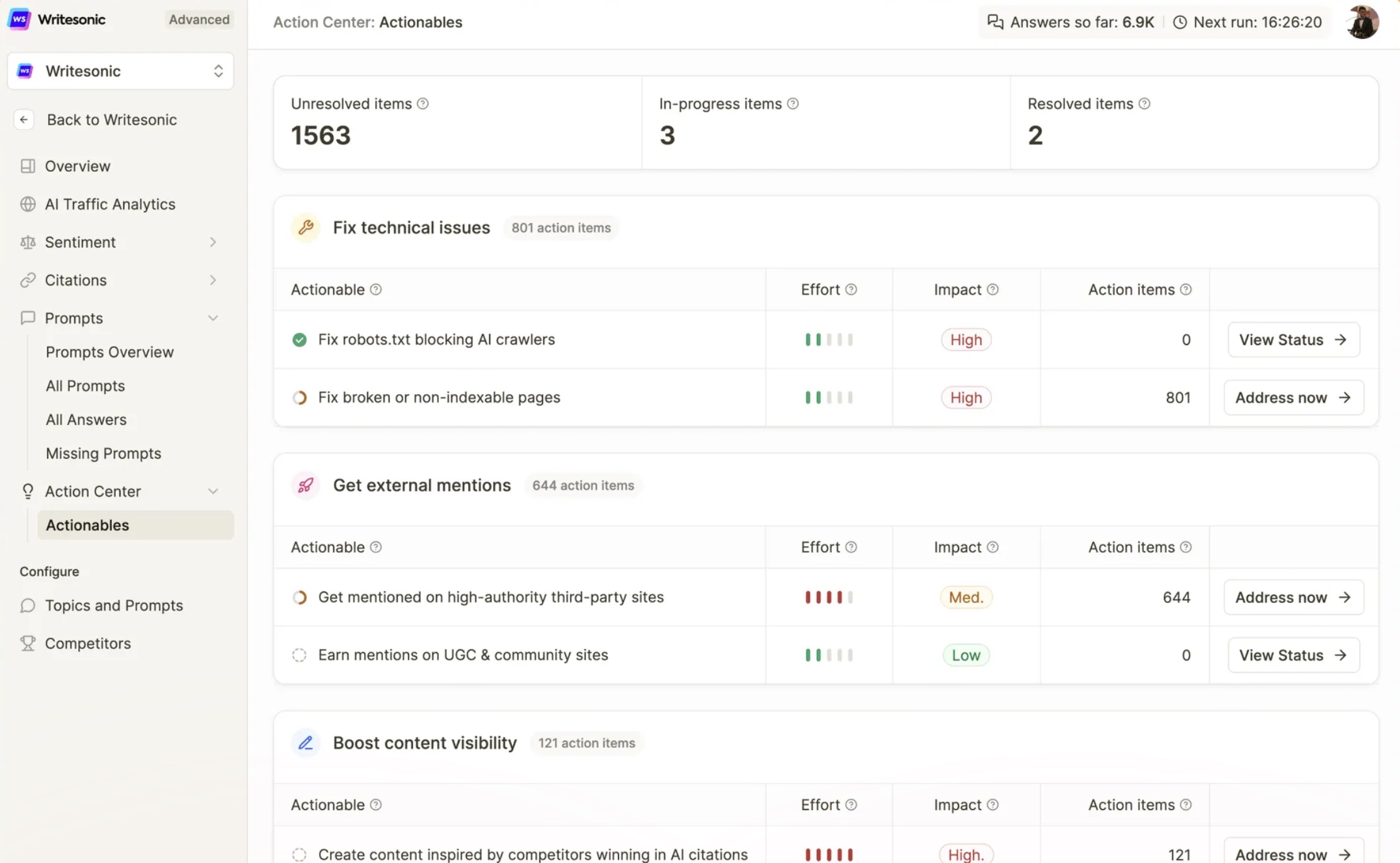 Writersonic Action Center Screensot