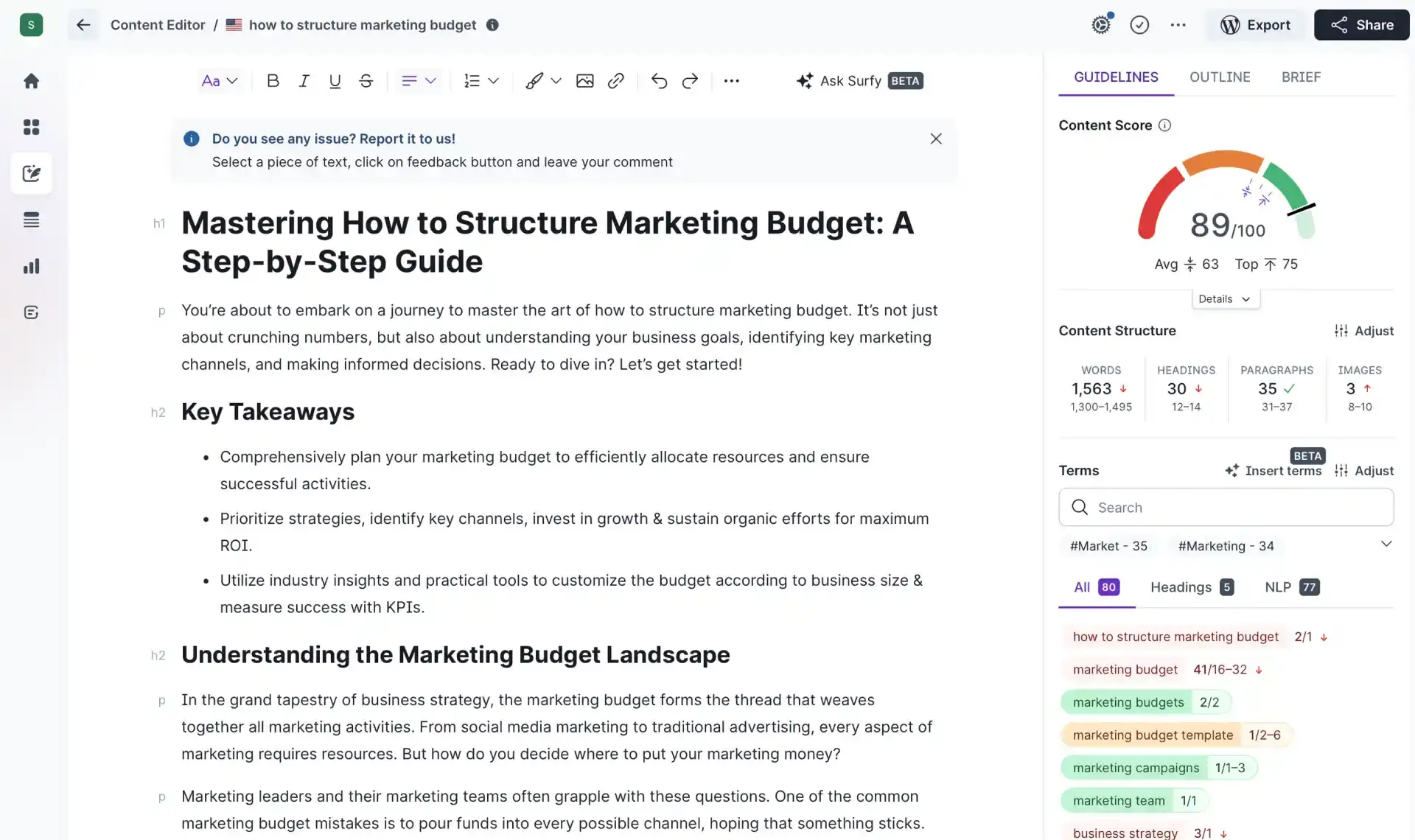 Surfer SEO dashboard
