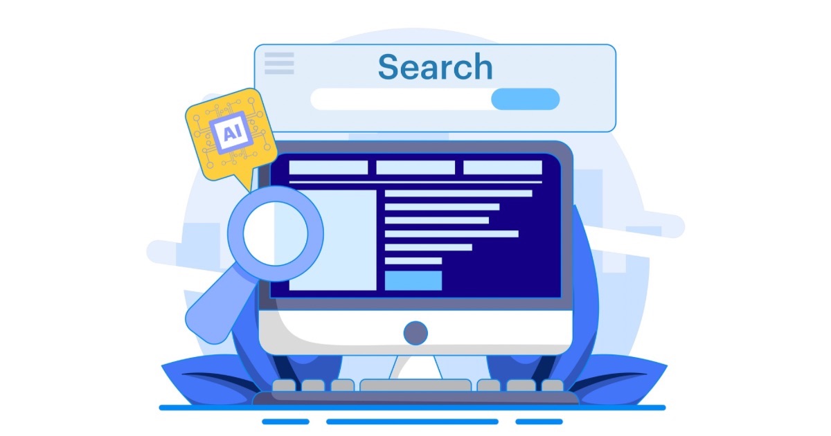Illustration of a desktop monitor with a search bar, magnifying glass, and AI icon representing AI-powered search.