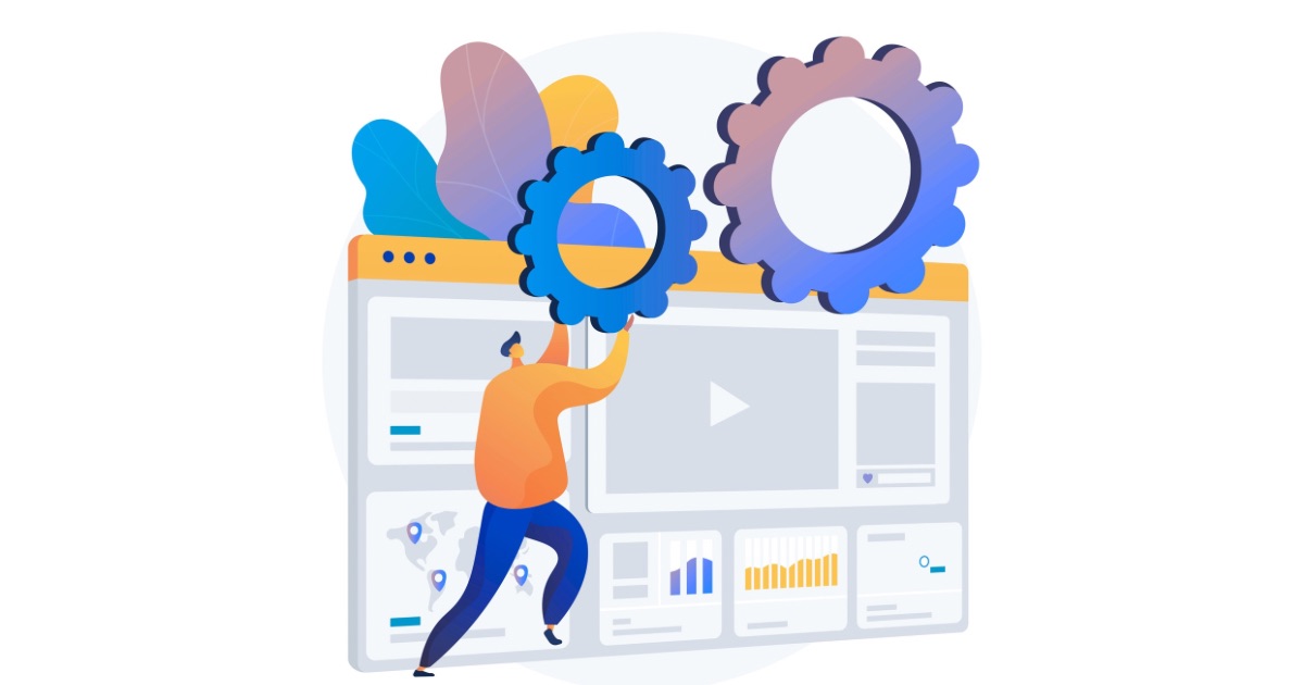 Illustration of a person adjusting gears above a website dashboard, symbolizing optimization and performance tracking.