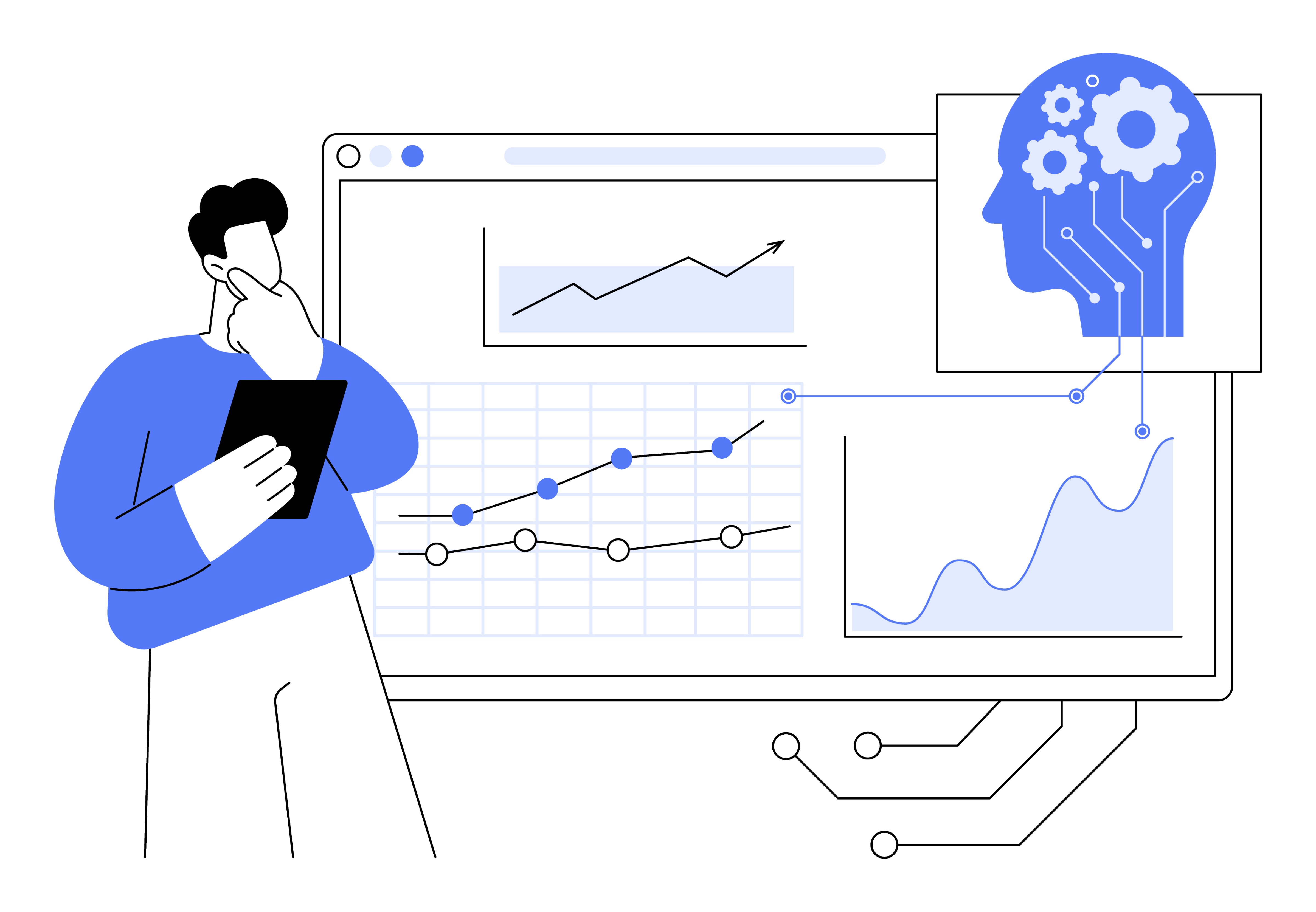 Person reviewing AI analytics dashboard with charts and AI icon.