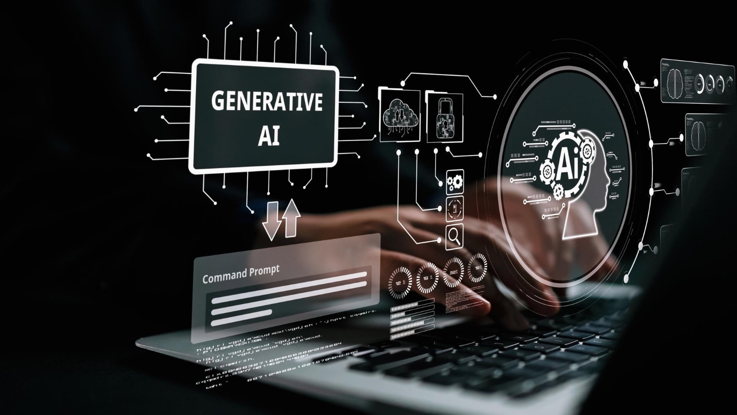 Hands typing on laptop with “Generative AI” and AI interface graphics overlay.