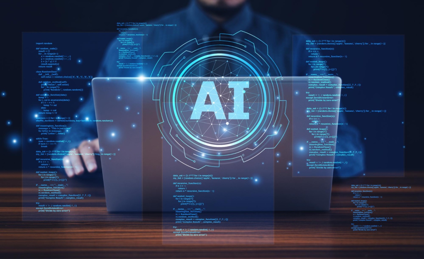 AI interface overlay on laptop screen with code panels in background