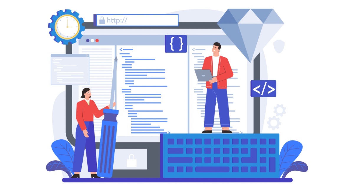 Illustration of developers editing code on a large computer screen with a keyboard and web URL bar.