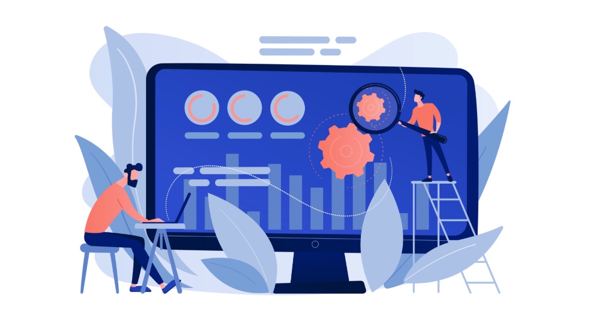Illustration of two people optimizing a large analytics dashboard with charts and gears.
