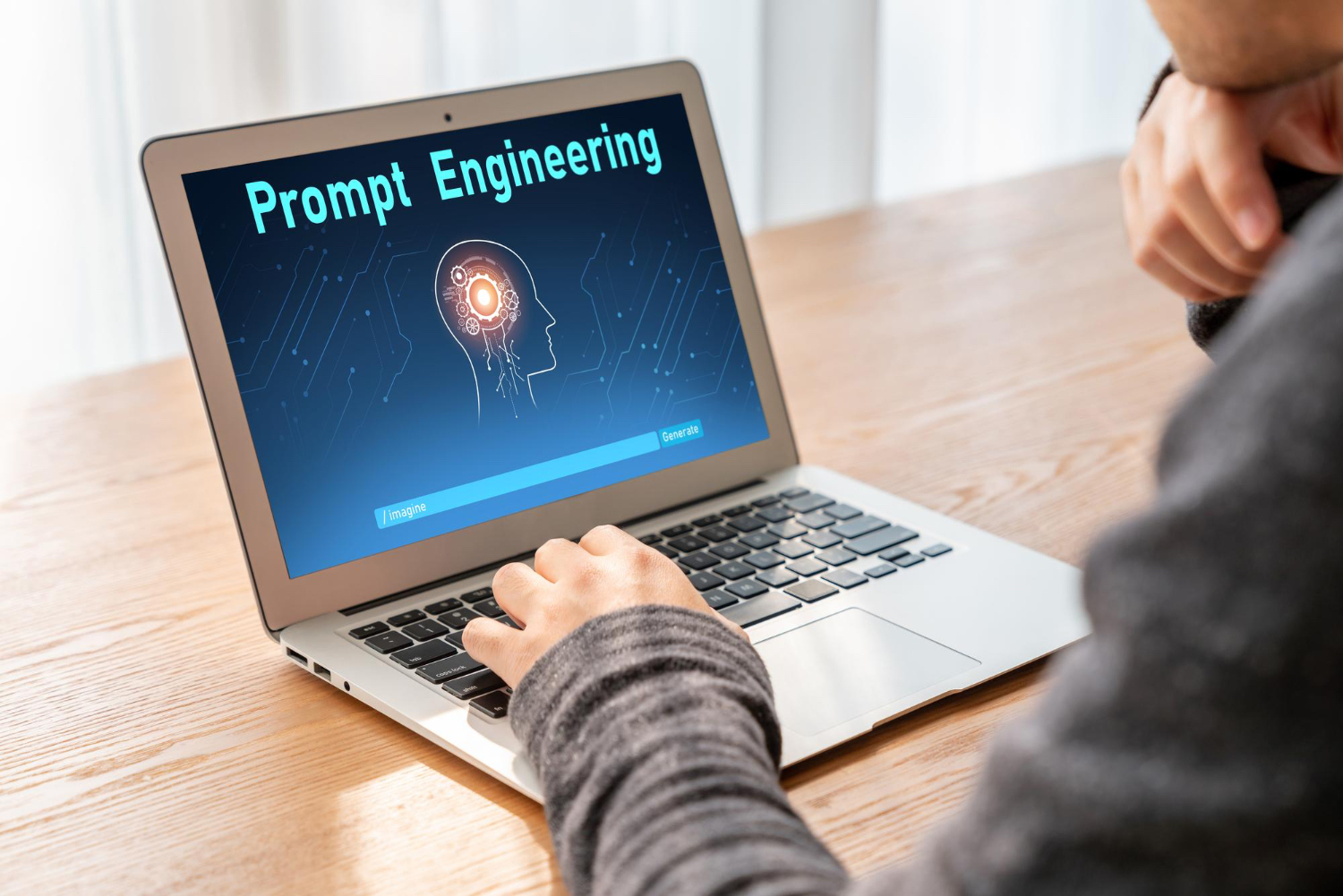 Person using a laptop displaying a prompt engineering interface with AI brain graphic