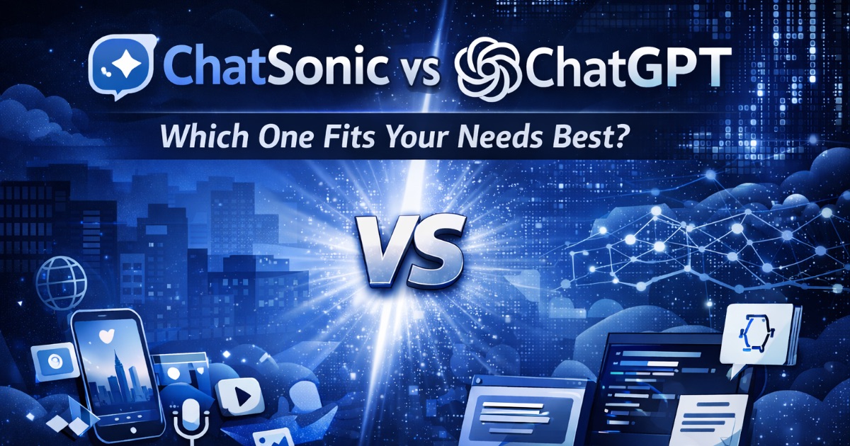Banner image comparing ChatSonic vs ChatGPT in a blue, black, and white tech theme with a central “VS” and the text “Which One Fits Your Needs Best?”.