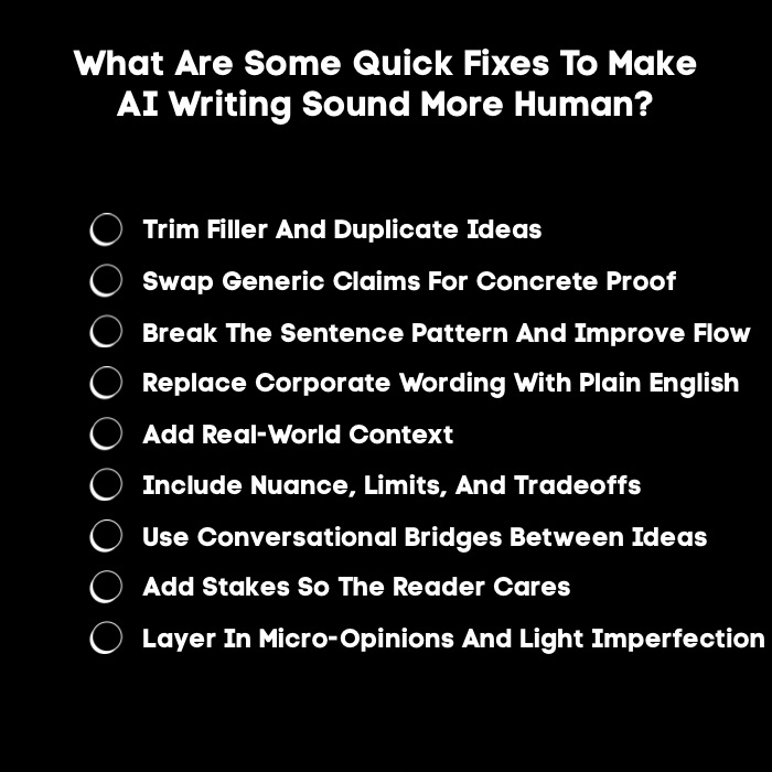 An Infographic on What Are Some Quick Fixes You Can Do to Make AI Writing Sound Human.