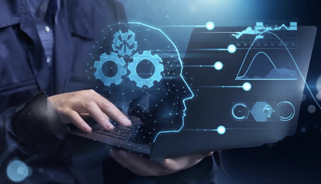 Person using a laptop with an AI head and analytics dashboard overlay.