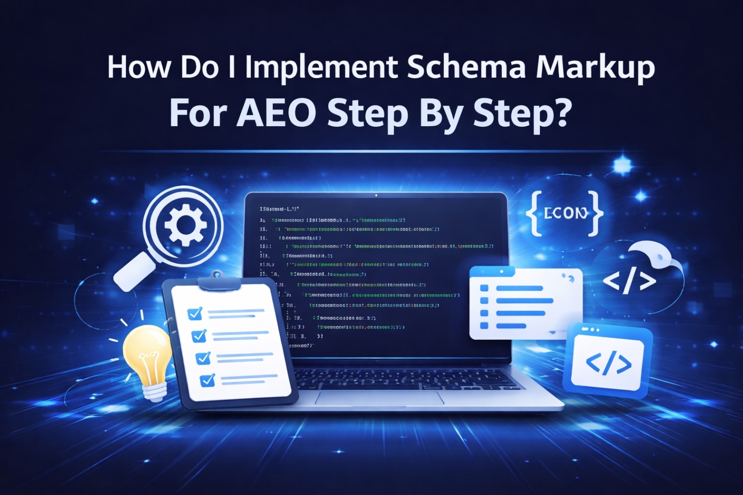 Banner showing schema markup, code, and SEO icons on a dark blue background.