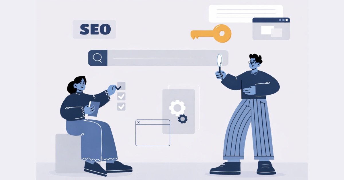 SEO keyword research banner showing two people analyzing a search bar with a magnifying glass and checklist.