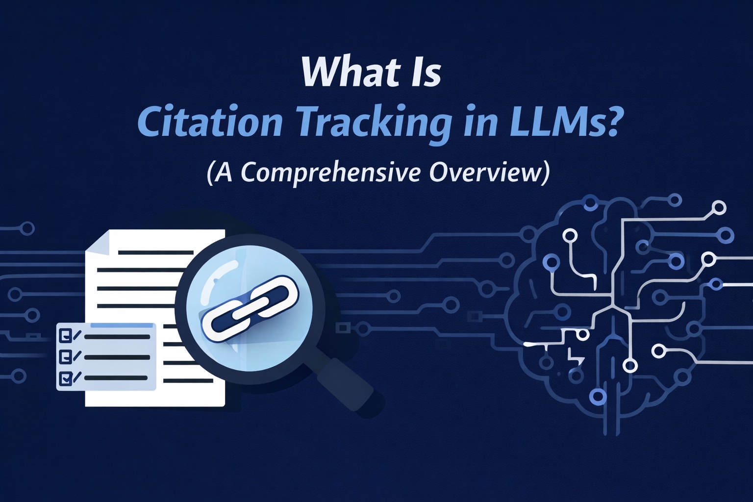 Banner showing citation tracking in LLMs with a magnifying glass over a link icon and an AI brain on a dark blue background.