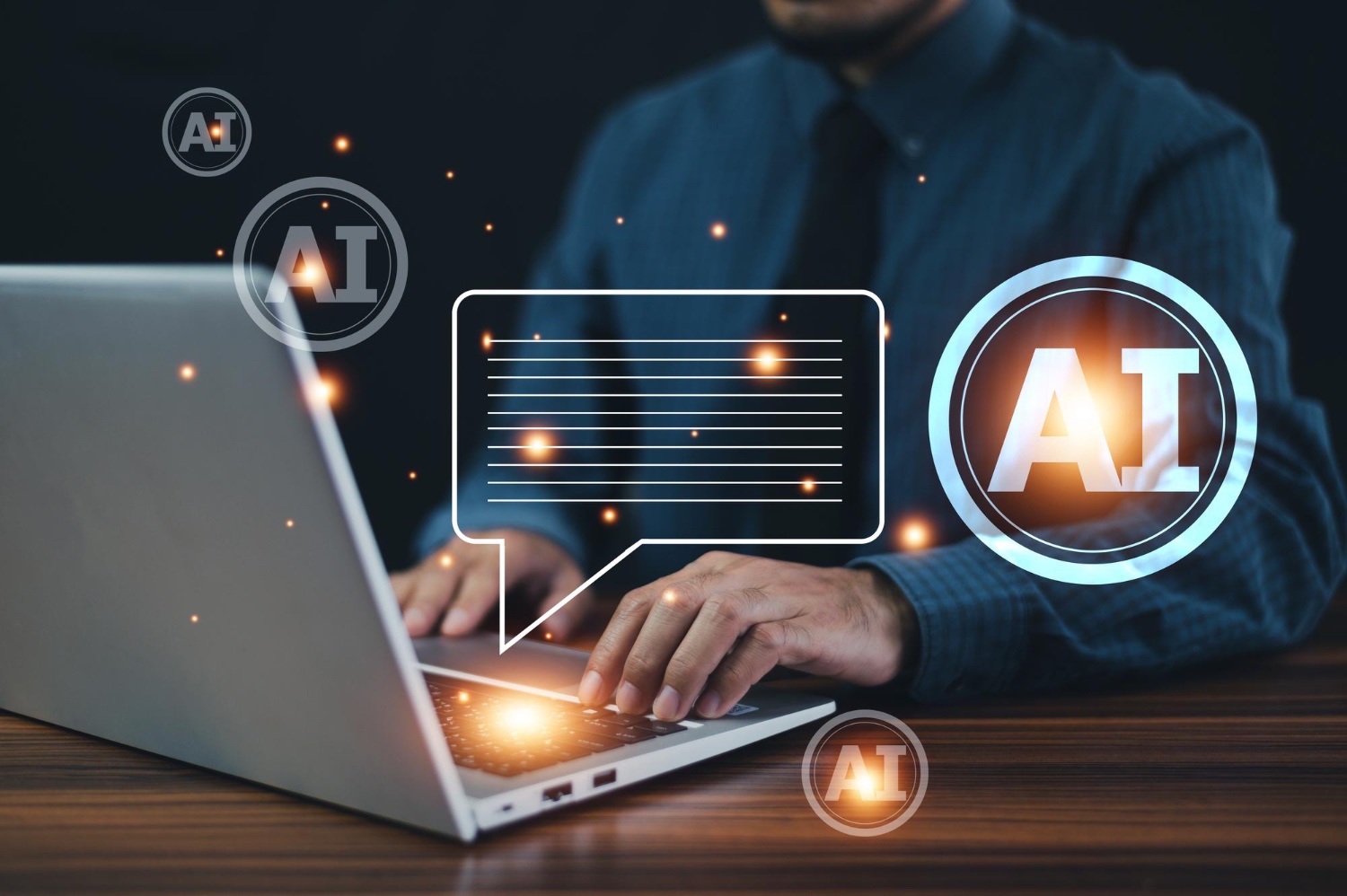 Person typing on laptop with AI content and text generation icons on screen.