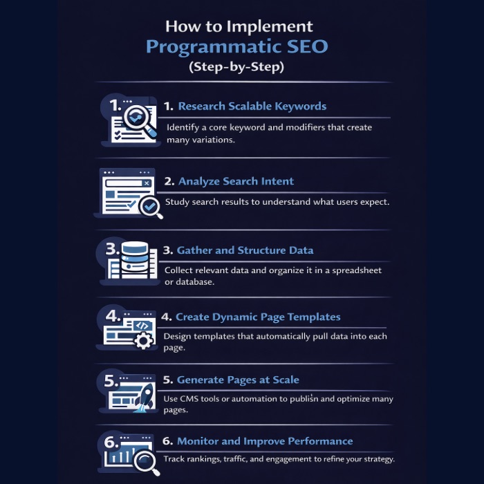 An infographic on How to Implement Programmatic SEO.