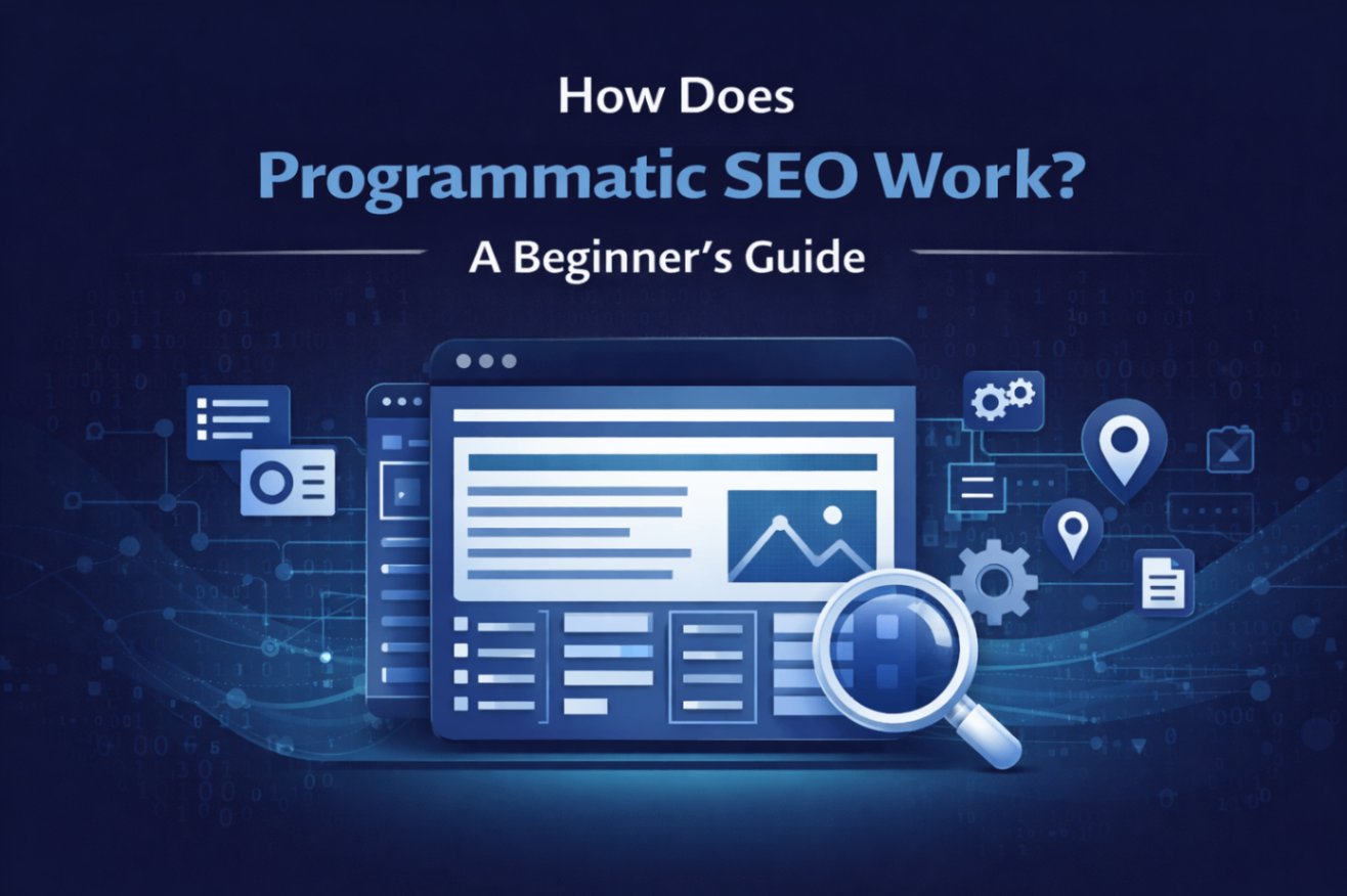 Banner illustration showing programmatic SEO concept with a website dashboard, magnifying glass, and digital SEO icons on a dark blue background.