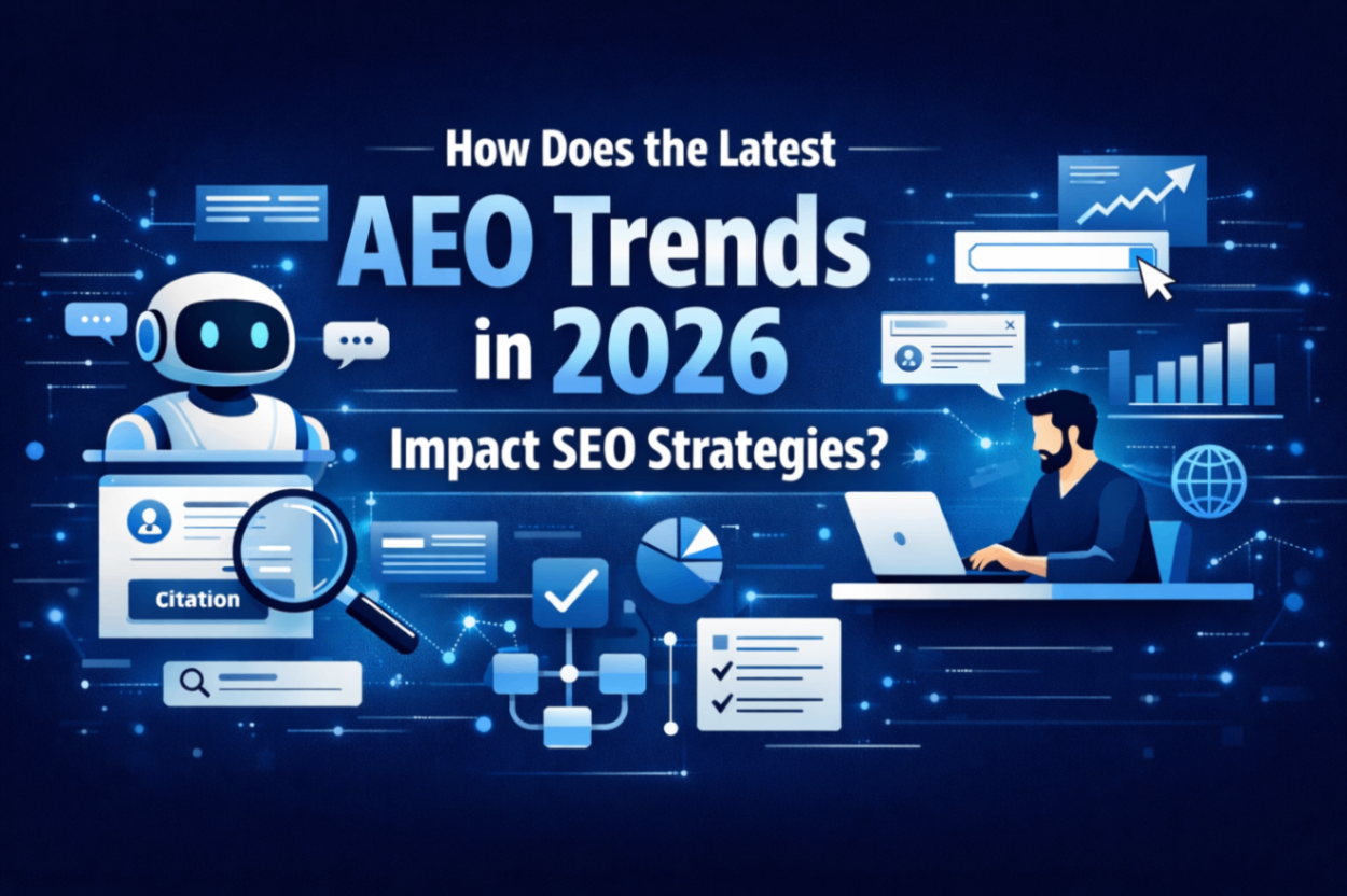 Illustrated banner showing AEO trends in 2026 with AI, search, and SEO strategy elements in blue, white, and black.
