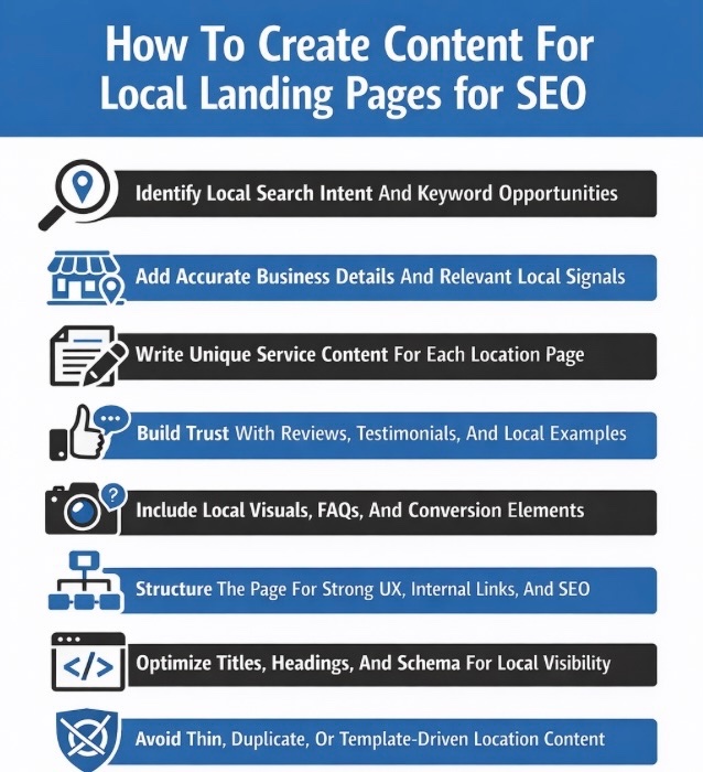 An Infographic on How to Create Content for Local Landing Pages for SEO.