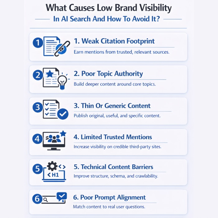 An Infographic on What Causes Low Brand Visibility In AI Search And How To Avoid It.