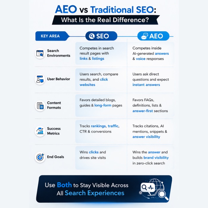 An Infographic on AEO vs Traditional SEO Comparison: What Is the Real Difference.