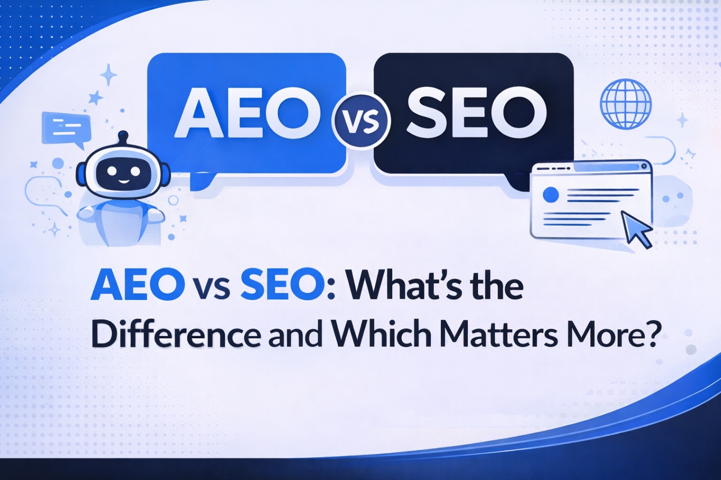 Blue banner comparing AEO and SEO with AI and search icons.