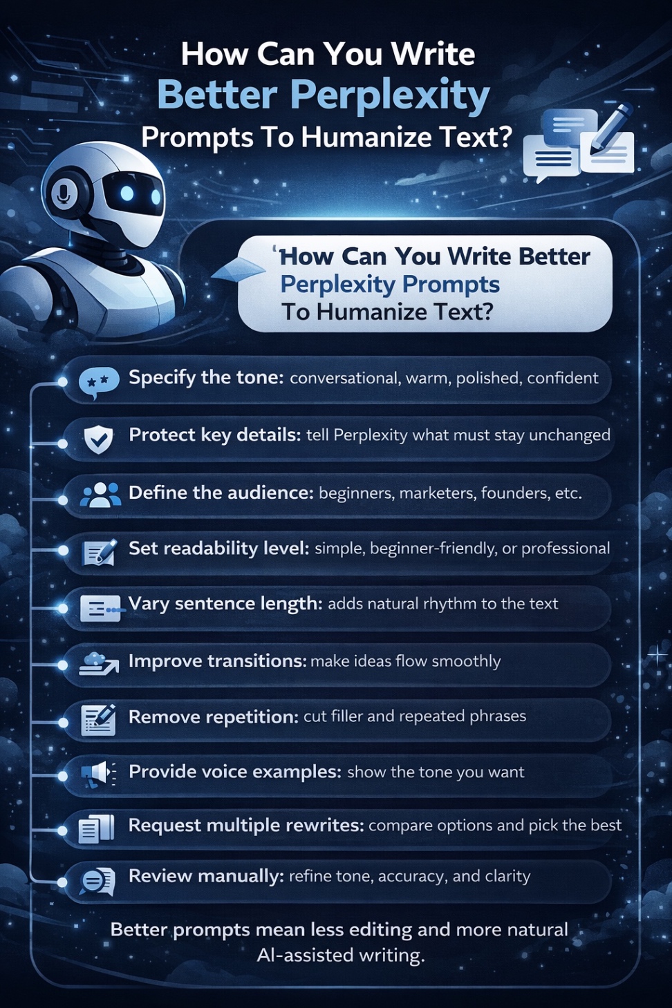An infographic on How Can You Write Better Perplexity Prompts To Humanize Text.