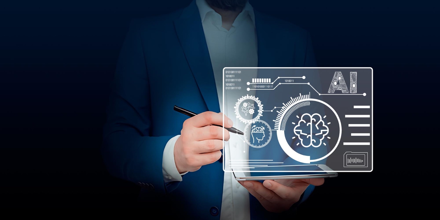 Business professional using a tablet with AI interface graphics on screen