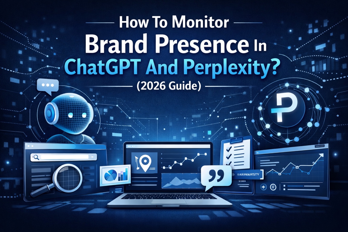 Banner showing how to monitor brand presence in ChatGPT and Perplexity with AI analytics dashboards and search monitoring visuals.