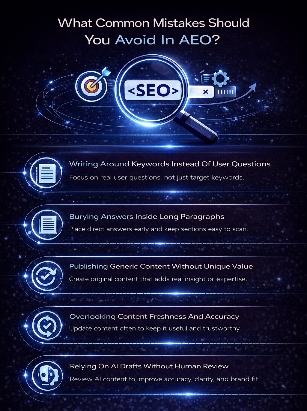 An Infographic on What Common Mistakes Should You Avoid In AEO.