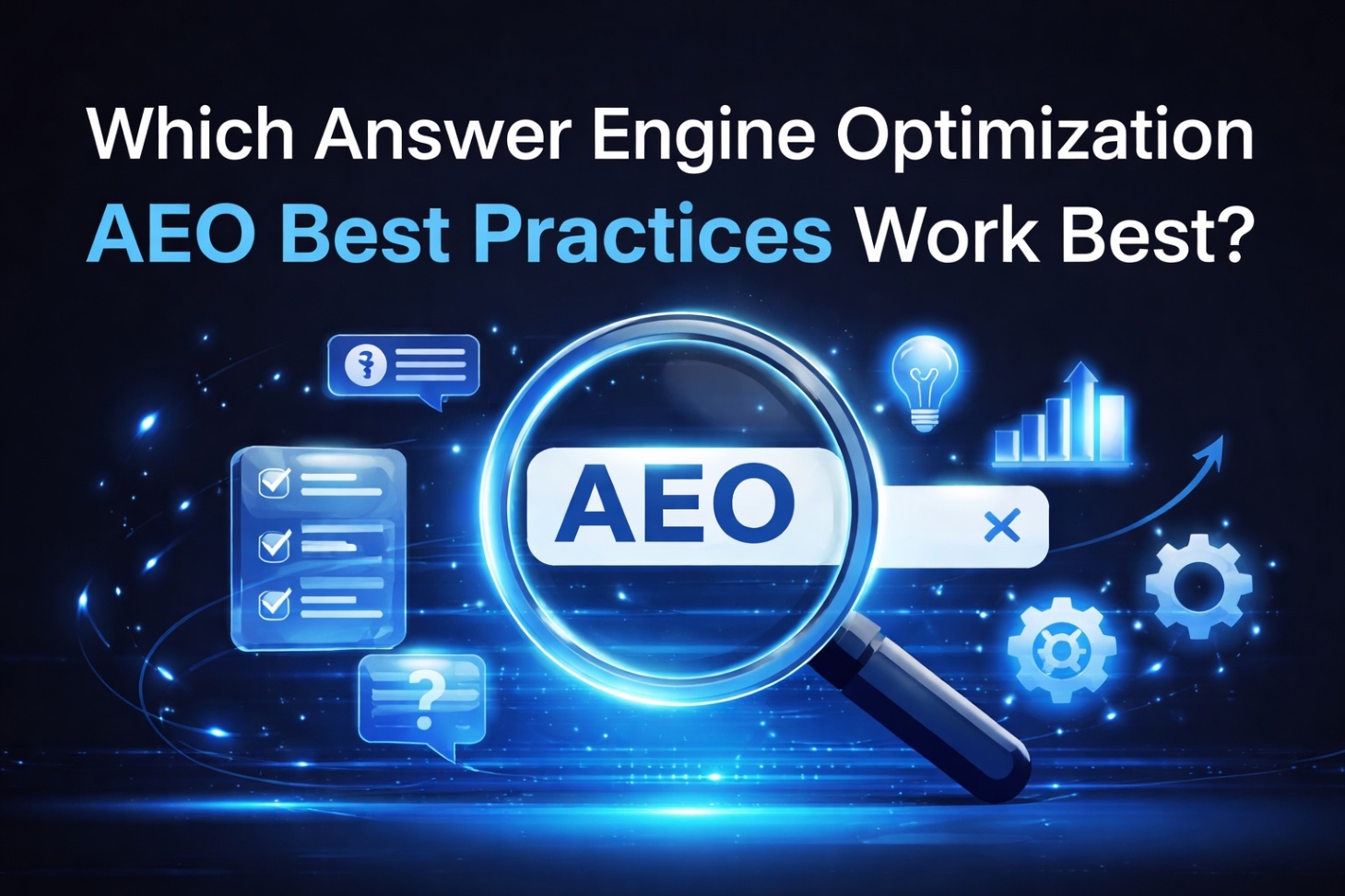 AEO best practices banner with magnifying glass and SEO icons on dark blue background.