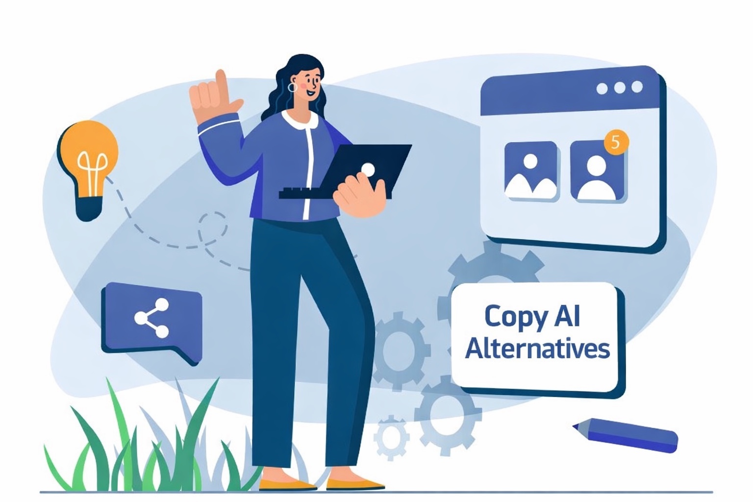 Illustration of a woman holding a laptop beside a sign reading Copy AI Alternatives